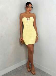 Glamine Vestido de suéter ajustado de canalé con corbata de lazo en la cintura, elegante, para mujer, primavera/verano