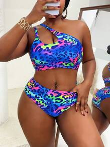 Slaydiva Traje de baño de talla grande para mujer con estampado de leopardo y cordón en un solo hombro, ropa de resort informal