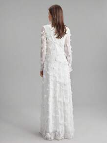 Ontre 2022 新款女士浪漫优雅 3D 花卉蕾丝白色春季 X 线连衣裙，立领，大下摆，长款女士连衣裙，带 3D 花朵 - 白色 - 查看 3