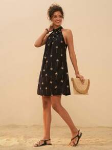 Travachic Robe mini décontractée de vacances pour femmes avec imprimé arbre de noix de coco sur la bretelle