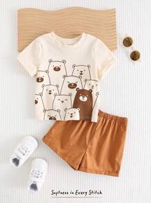 Cozy Pixies 2 stuks Baby Boy Cartoon Bear Patroon Gebreide Zachte Ronde Hals Korte Mouw Pullover Top En Effen Kleur Elastische Taille Shorts Set