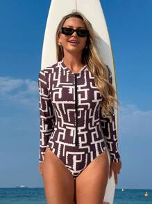 Swim SPRTY 1 pièce Maillot de bain une pièce ample avec imprimé asymétrique, manches longues, style sportif avec fermeture éclair, pour vacances pour femmes