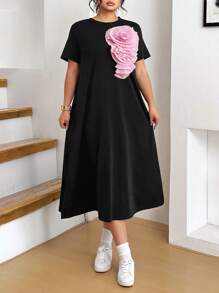 SHEIN Clasi 大码女式褶皱 3D 花卉短袖宽松中长直筒连衣裙，时尚 - 彩色 - 查看 4