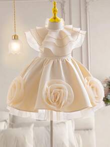 SHEIN Young Girl 2pcs Set: Cute Woven Mesh Organza Shawl & Woven Jacquard Sleveless Elegant Dress Outfit, 3D Rose Flower & Back Big Bow Decor,Spring/Summer Ramandan Style,Suitable For Girls Daily Wear, Festivals