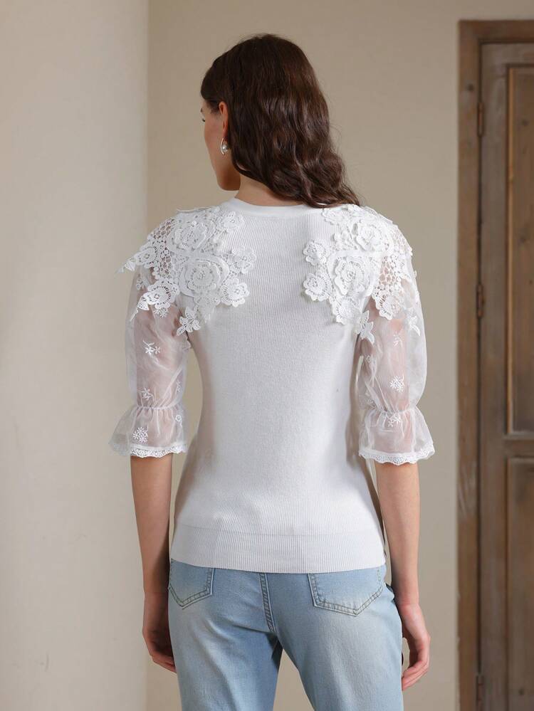 Blouse à fleurs hydrosolubles tricotée, convenant pour le printemps/été, les vacances, élégante, robe d'invitée de mariage pour femmes