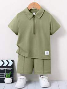 SHEIN 2pcs Young BoyCasual Polo Shirt & Shorts Set, Getaway, Holiday, Travel, Relax, Sunbathing, Summer