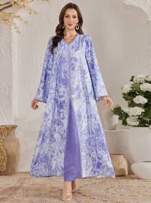 Al Najma Elegant Patchwork Dubai Abaya Kaftan Jalabiya Dress - Purple - View 7