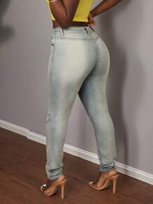 Slaydiva Jeans ajustados y elásticos sexy para mujer, de tiro bajo, color azul, ideales para festivales de verano - Azul lavado medio - Ver 4