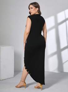 SHEIN Clasi Vestido con abertura lateral ceñido para mujeres de talla grande con decoración de botones y bufanda