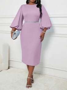 Fleurora Autumn And Winter Elegant Baby Blue Round Neck Bishop Sleeve Bodycon Dress Plus Size Dresses Blue Dresses Dress - Purple - View 4