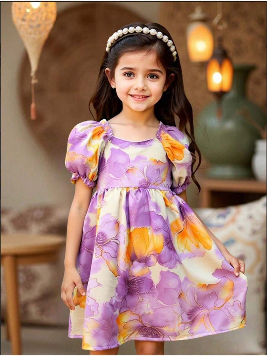 Váy dài tay bồng cổ vuông màu tím thanh lịch cho bé gái với họa tiết hoa hồng vàng, phong cách công chúa cho bé gái mùa hè - Màu tím - Xem 1