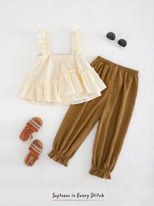 Cozy Pixies 2pcs/Set Young Girl 3D Flower Applique Camisole And Elastic Waist Tapered Leg Pants - Multicolor - View 2