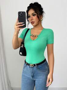 INAWLY 性感合身 V 领链条装饰罗纹休闲女式短袖 T 恤 - 綠色 - 查看 3