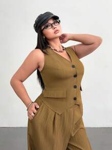 Flirla Plus Size Spring/Summer Solid Color Vintage Inspired Relaxed Versatile Vest Top And Wide Leg Cargo Pocket Pants 2Pcs Set, Suitable For Vacation And Daily Wear