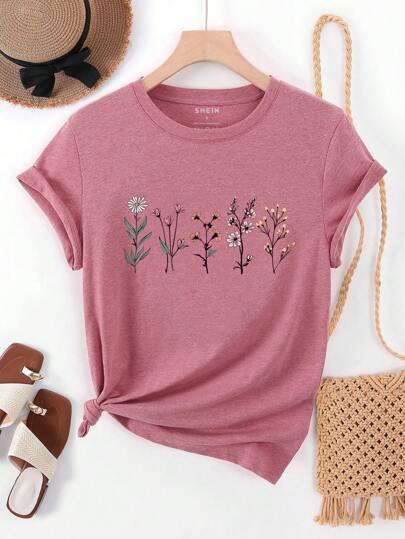 INAWLY Women Floral Print Round Neck Short Sleeve Casual T-Shirt