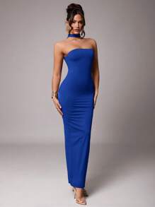 Silquee Women's Solid Red Stretchy Knit Fabric Double Layer Halter Backless Dress, Suitable For Cocktail Party, Romantic Date, Formal Party, Wedding, Bridesmaid, Evening Gown, Halloween Costume, Christmas Holiday, Valentine's Day, Everyday Wear