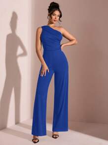 SHEIN BAE 夏日海滩度假优雅纯黑色不对称领露肩单肩连体裤，适合日常约会、夜间外出、夜总会、派对、聚会、鸡尾酒会、泳池派对、办公室穿着、通勤连体裤、度假连体裤 - 寶藍色 - 查看 3