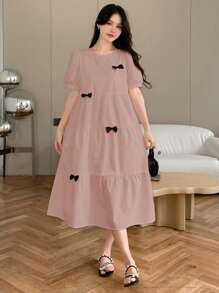 DAZY Ladies' Butterfly Decor Round Neck Short Puff Sleeve Ruffle Hem A-Line Dress, Back To School Formal Dress Sundress - Pink - View 3