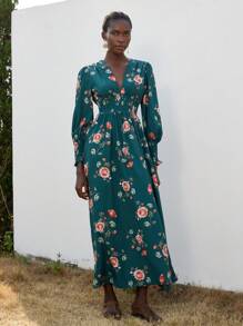 Aveloria Modichic 浪漫印花深 V 领收腰修身长袖连衣裙，优雅法式风格