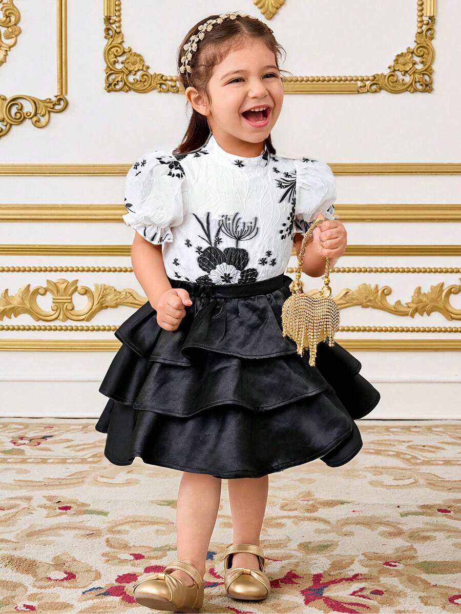 SHEIN Baby Girl Elegant Collared Puff Sleeve Blouse & Layered Ruffle Hem Skirt Set - Black - View 1