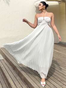 Sunnyshic Plus Size Romantic Vacation Pleated Backless Halter Dress - White - View 7
