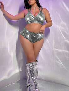 Swim EVENT Plus Size Women 2pcs Glitter Sequin Strap Sexy Bikini Swimwear Set For Summer Beach Vacation - Silver - View 3