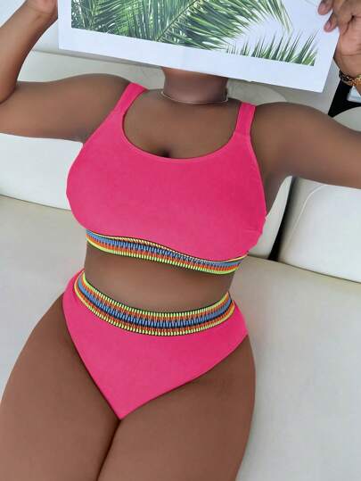 Slaydiva 2pcs Plus Size Women's Solid Color Spaghetti Strap Strap Bikini Swimwear Set, Casual & Fashionable For Summer Beach Vacation