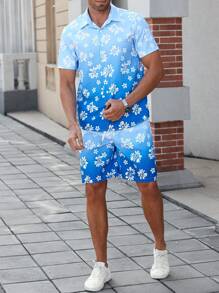 Manfinity RSRT Set de 2 piezas de camisa de manga corta con botones delanteros y estampado floral, y pantalones cortos para hombre
