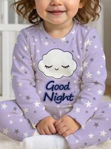 SHEIN 女婴云朵与字母卡通图案休闲舒适长袖和长裤家居服，贴身合身 - 彩色 - 查看 4