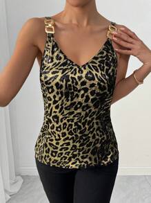SHEIN Clasi Camiseta sin mangas elegante para mujer, con decoración metálica en estampado de leopardo negro y dorado en tela revestida, cuello en V, casual para primavera/verano