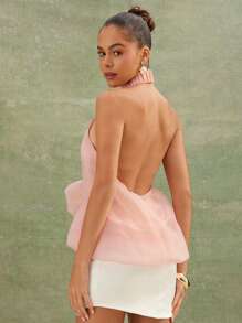 L'Amorae Elegant High Neck Bubble Hem Backless Summer Tops, Vacation - Baby Pink - View 2