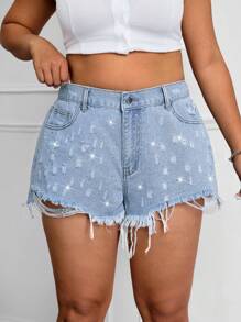SHEIN EZwear Plus Size Casual Distressed Fray Hem Denim Shorts
