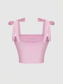 SHEIN MOD 粉色蝴蝶结夏季上衣纯色系带肩部褶饰宽肩带上衣 - 淺粉色 - 查看 3