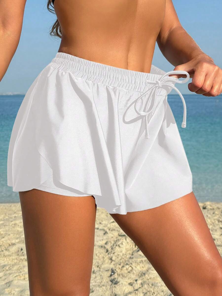 Swim SPRTY Summer Women's White Ruffle Shorts: Drawstring Beachwear Swim Skirt Cover-Up - White - View 1