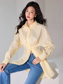 Heiryn 女士纯色前扣长袖简约衬衫，休闲日常穿着 - 黃色 - 查看 6