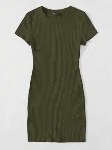 SHEIN EZwear 羅紋針織素色連衣裙 - 軍綠色 - 查看 5