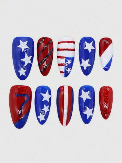 Grunge Punk 10Pcs/Set Star & Number Handmade False Nails + 3Pcs Double-Sided Adhesive, Removable Contrast Stripe Handpainted Nail Stickers, High Quality Glitter Shiny Colored Nail Bling Stickers, Suitable For Holiday Parties, Dancing And Daily Wear