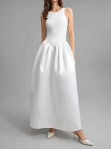 Ontre 女士无袖针织和缎面拼布秋千裙，优雅简约时尚，适合日常、派对、约会，纯色收腰连衣裙 - 白色 - 查看 5