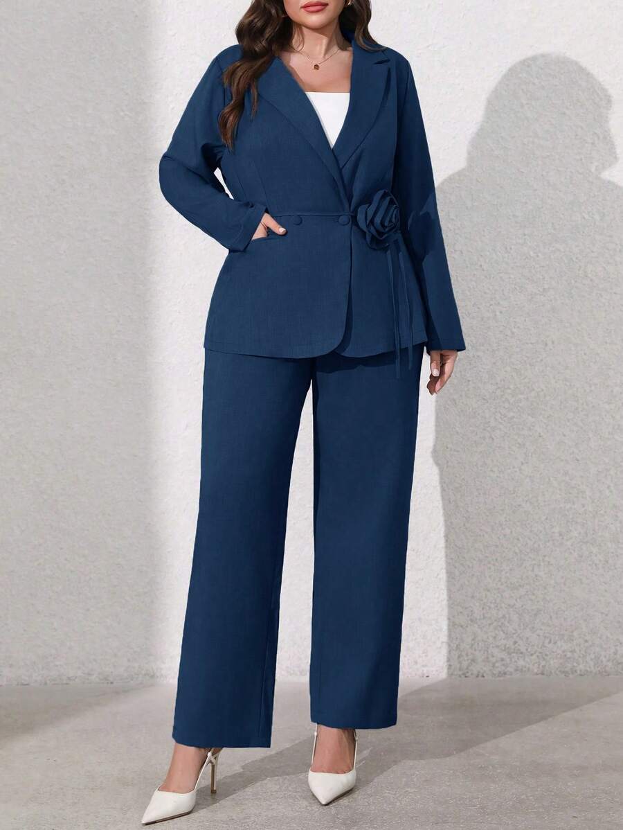 SHEIN Clasi 2 件套大码女式 3D 花卉长袖西装外套和裤子套装 - 藍色 - 查看 1