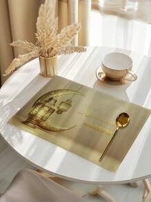 1/4/6/8 stuks Suige Home Elegante Ramadan Placemats Set - Gouden Halve Maan & Lantaarn Ontwerp, Machine Wasbare Rechthoekige Tafelmatten Voor Feestelijke Eetkamerdecoratie, Ramadan Decoratie