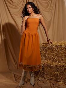 COSMINA Elegant Damen Urlaubs-Orange Gerafftes Midi-Kleid mit Quasten ohne Ärmel, Frühling/Sommer