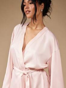 MISSGUIDED Luxurious Bridal Wedding Morning Robe Satin Rhinestone Bridesmaid Getting Ready Kimono Style Wrap Long Sleeve Special Occasion Party Gift - Pink - View 3