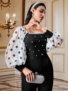 Modelyn Polka Dot Mesh Splice Bead Diamante Embellished Long Sleeve Jumpsuit Fall Cloth For Women - Black and White - View 4