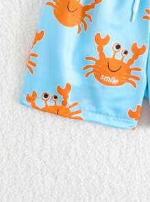 Baby Boys Cartoon Print Contrasting Colors Swim Trunks, Elastic Waist Drawstring Beach Shorts - Multicolor - View 4