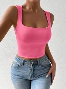 Chiquease Women's Solid Color Cropped Slim Fit Casual Pink Square Neck Tank Top