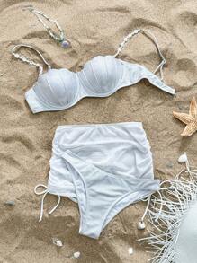 Swim Mod 3 pièces Ensemble maillot de bain nacré pour femmes : soutien-gorge à armatures à motif écossais, avec perles sur les bretelles, bas à lacets latéraux triangulaires décontractés et élégants, et mini-jupe