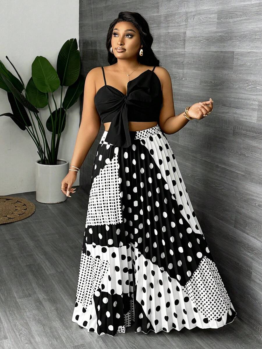 Slaydiva Plus Size Women Elegant & Party Wear Vintage Style Solid Black Twist Knot Cami Top With Dotted Pleated Skirt Set - C - Black and White - View 1
