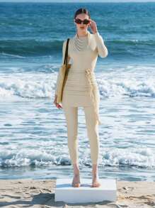 Swim Shayni 3pcs/Set Women Solid Color High Neck Long Sleeve Jumpsuit + Pants + Pleated Floral Beach Skirt For Modest Beach Vacation, Suitable For Spring Break, Boho Festival Arabic Clothing - Beige - View 1