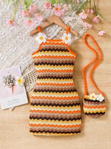 SHEIN Țesătură cu model de valuri de apă cu decor floral texturat colorat pentru fetiță cu mini rucsac delicat, potrivit pentru ținuta de vacanță de vară - Multicolor - Vizualizare 3