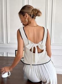 SHEIN Frenchy Áo cánh hở lưng buộc dây phía trước phối ren màu tương phản thanh lịch dành cho nữ, áo ngực cổ vuông, viền ren đen tương phản, nơ sau lưng, phong cách Old Money, vải có họa tiết phù hợp mặc hàng ngày, mùa xuân/hè - Nhiều màu - Xem 2